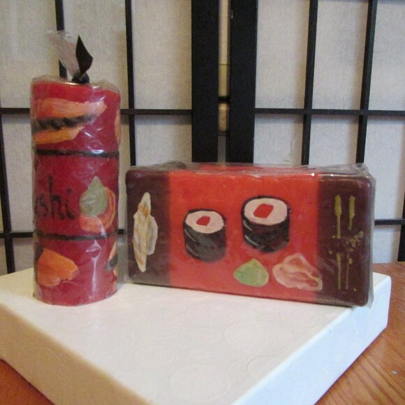 Hand painted Candles, Sushi motif, red, brown, Asian, Japanese, Theme, Party - Picture 1 of 7